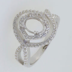 Sterling Silver semi mount ring setting with halo design, split shank, ready for custom gemstone installation.