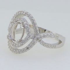 Sterling Silver Semi Mount Ring Setting with Split Shank and Halo White Topaz Accents for 8x6mm Oval Gemstone