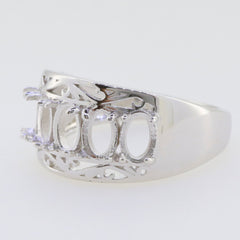 Sterling silver semi mount ring setting for oval gemstones, featuring an intricately designed multi-stone band.