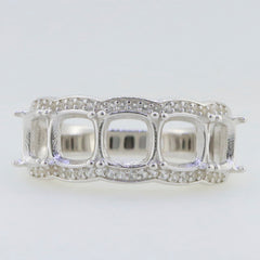 Sterling silver semi mount ring setting with cushion-shaped stone placement and intricate band design.
