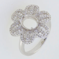 Sterling Silver Floral Semi Mount Ring Setting for 9x7mm Oval Gemstone, decorative flower design.