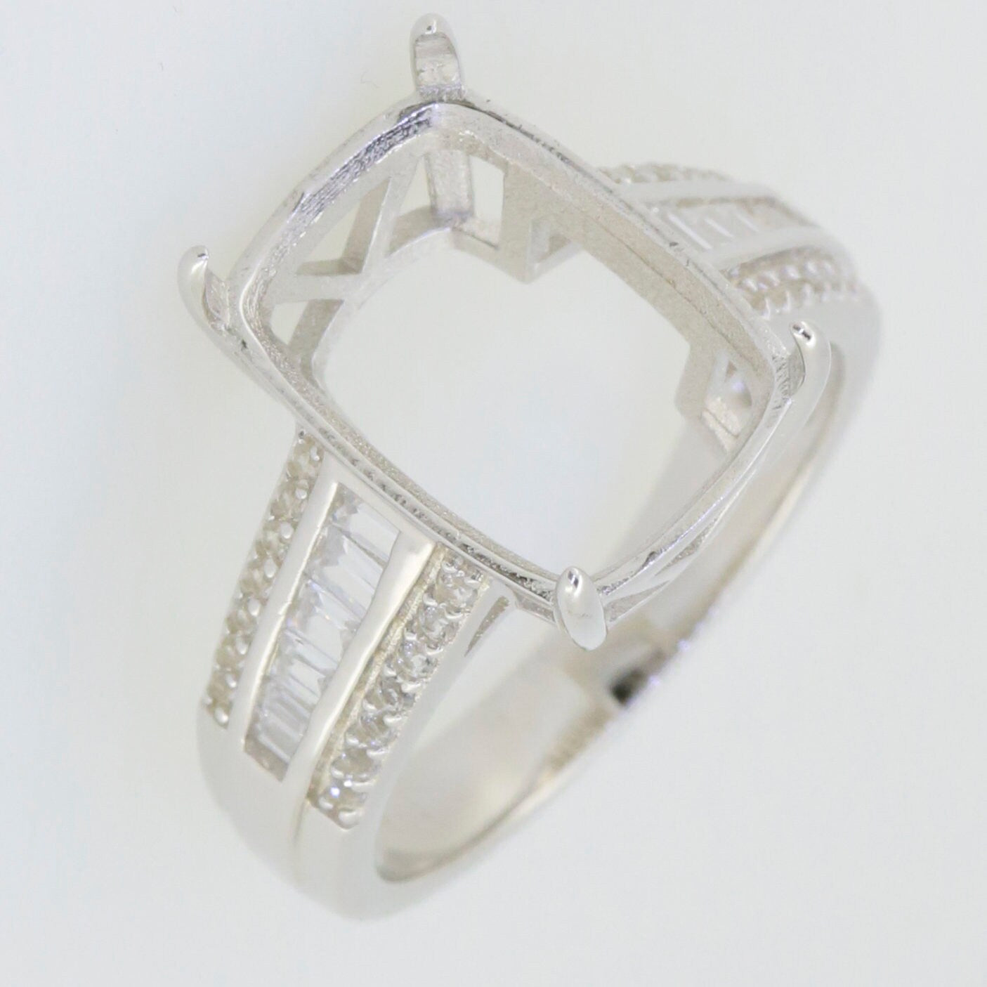 Sterling Silver Semi Mount Ring Setting with Cushion 14x10mm and Baguette Accent for custom gemstone options.
