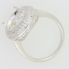 Sterling Silver Semi Mount Ring Setting with Oval Halo and White Topaz, designed for custom main gemstones.