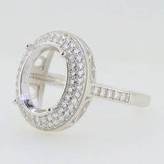 Sterling Silver Semi Mount Ring Setting with Halo of White Topaz, 13x11mm oval center gem setting.
