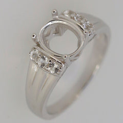 Sterling Silver semi mount ring setting with oval halo, D color moissanite accents, made to order gemstone jewelry.