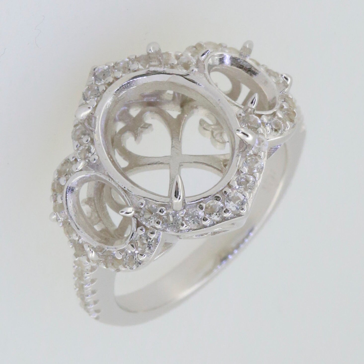 Sterling silver semi mount ring setting for oval stones with white topaz halo, custom made to order.