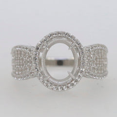 Sterling Silver Semi Mount Ring Setting with Oval Halo Cabochon, perfect for custom gemstone placement.