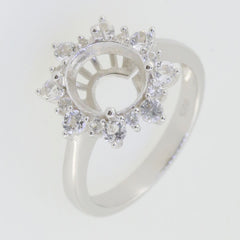 Sterling silver semi mount ring setting featuring an oval 10x8mm halo with moissanite accents.