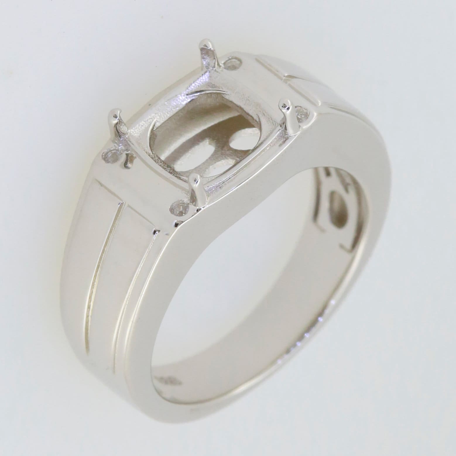 Men's sterling silver semi mount ring setting with cushion slot for 8x8mm gemstone, customizable and made to order.