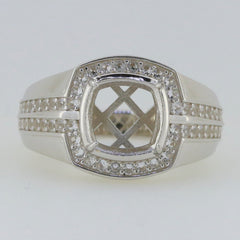 Men's sterling silver semi mount ring setting with cushion 8x8mm and halo design for customizable gemstone.