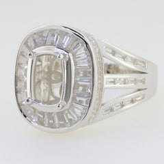 Sterling silver semi mount ring setting with a cushion halo and baguette design, ideal for custom gemstone setting.