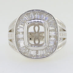 Sterling Silver Semi Mount Cocktail Ring Setting with Halo Baguette Design, elegant jewelry piece for main gemstone.