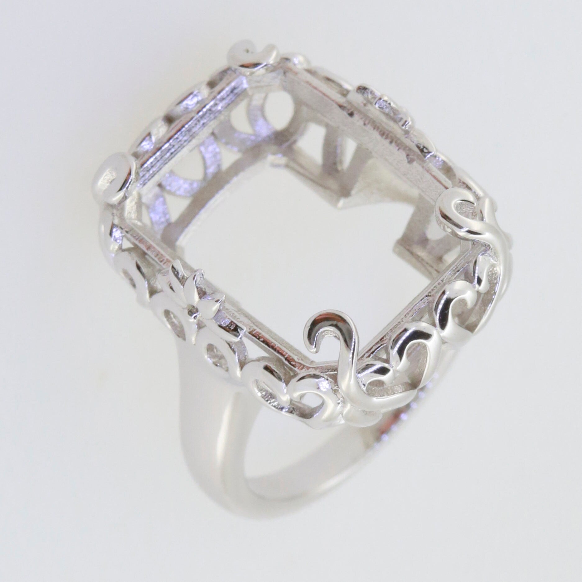 Sterling silver Art Nouveau semi mount ring setting for 18x13mm gemstones, showcasing intricate design and craftsmanship.