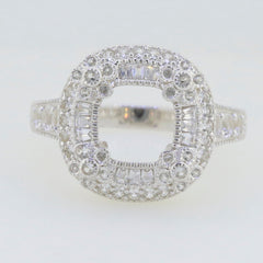 Sterling silver semi mount ring setting with cushion double halo and white topaz accents, 7x7mm size.