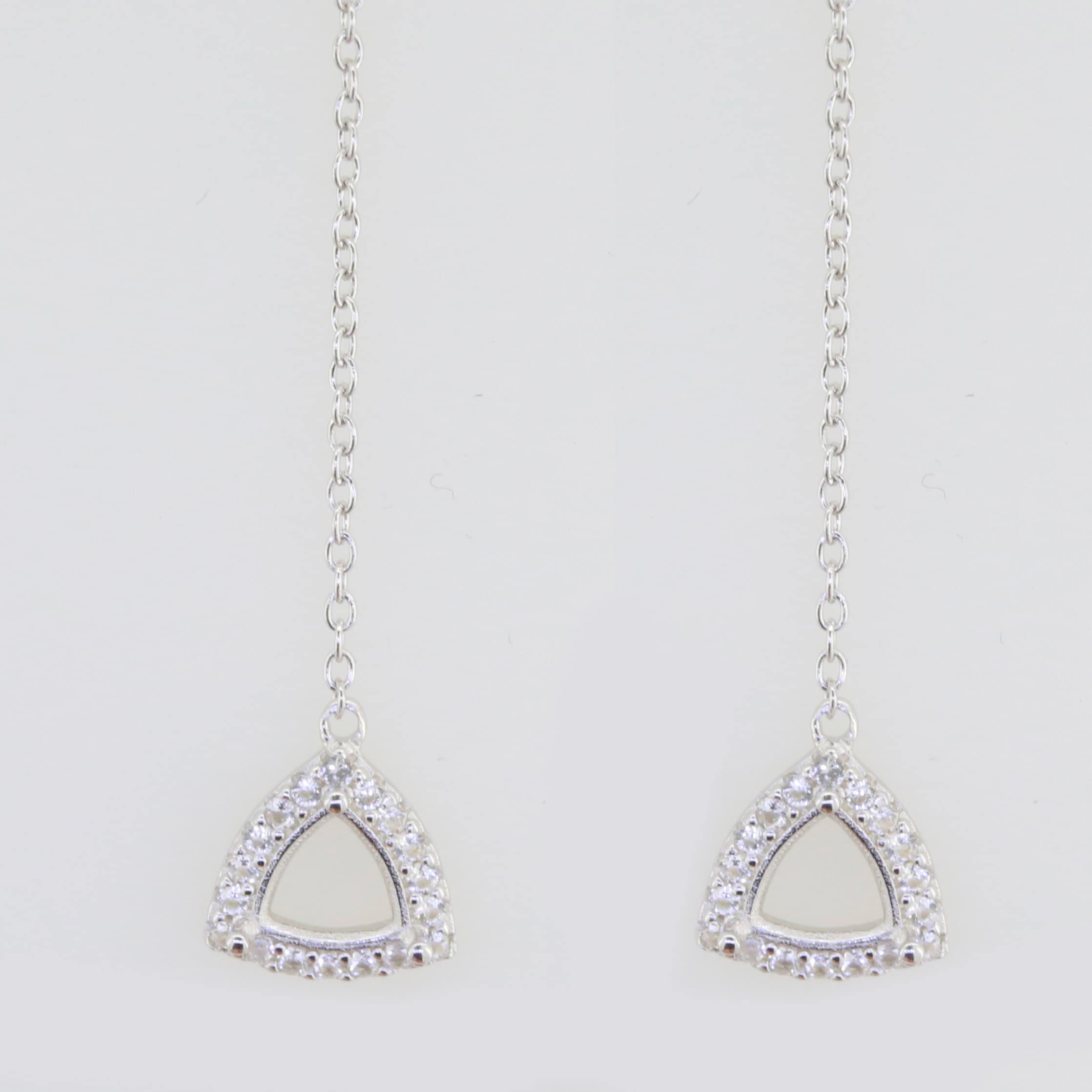 Sterling silver semi mount earrings setting with halo white topaz in trillion shape, elegant drop design.