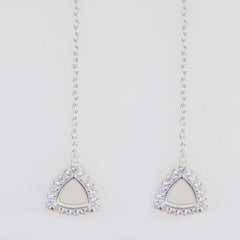 Sterling silver semi mount earrings setting with halo white topaz in trillion shape, elegant drop design.