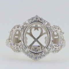 Sterling silver semi mount ring setting for oval stones with white topaz halo, crafted to order and customizable.