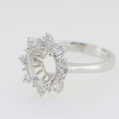 Sterling Silver Semi Mount Ring Setting with D Color Moissanite accent, designed for 10x8mm oval gemstones.