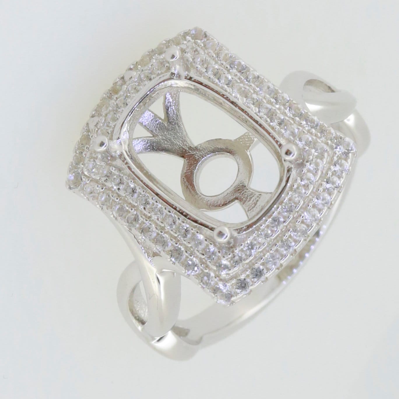 Sterling Silver Semi Mount Ring Setting with White Topaz accents, designed for 12x8mm gemstone, custom sizes available.