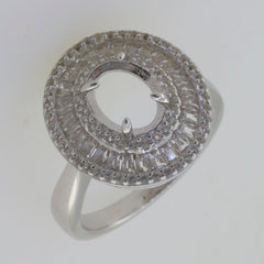 Sterling silver semi-mount ring with triple halo and baguette design, designed for a 9x7mm oval gemstone.