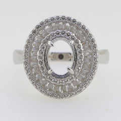 Sterling Silver Semi Mount Ring Setting with Triple Halo and Baguette, 9x7mm oval center, made to order.