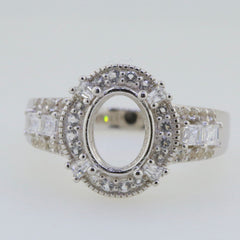 Sterling Silver Semi Mount Ring Setting with Oval Halo Baguette design, ideal for custom gemstone placement.