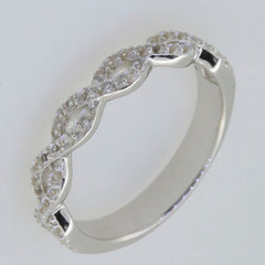 Sterling silver semi mount ring setting with moissanite gemstones in a swirl cross shank design.
