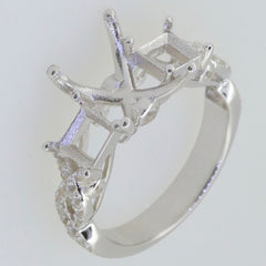 Sterling silver semi mount ring setting for 10x8mm emerald, featuring a swirl cross shank and moissanite accents.
