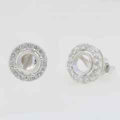 Sterling silver semi mount earrings setting with white topaz double halo design, 6x6mm stud.