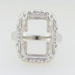 Sterling Silver Semi Mount Ring Setting with Art Nouveau design, ready for custom gemstone placement.