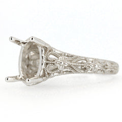 Sterling Silver Semi Mount Ring Setting in Art Deco Style for oval gemstone, 11x9mm size, beautifully detailed design.