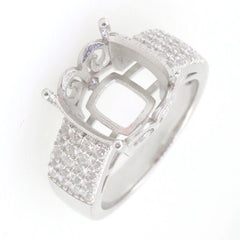 Sterling silver semi mount ring setting with white topaz accents, featuring a cushion 12x12mm centerpiece.