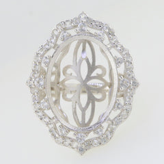 Sterling Silver semi mount ring setting with oval halo design and intricate detailing, ready for custom gemstone placement.
