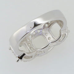 Sterling silver semi mount ring setting showing cushion cut area for 3 stone halo design with moissanite gem option.