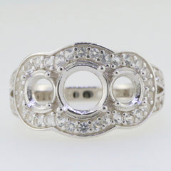 Sterling Silver Semi Mount Ring Setting with round halo and Moissanite accents, featuring 3 stone design.