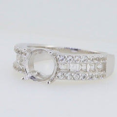 Sterling silver semi mount ring setting with round 8x8mm space and baguette accents, perfect for personalized jewelry.