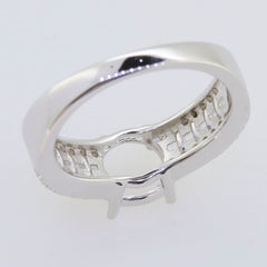 Sterling Silver Semi Mount Ring Setting featuring round holder for 8x8mm gem and baguette accents, customizable sizes available.