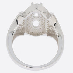 Sterling silver semi mount ring setting for oval stones, featuring intricate details and a polished finish.