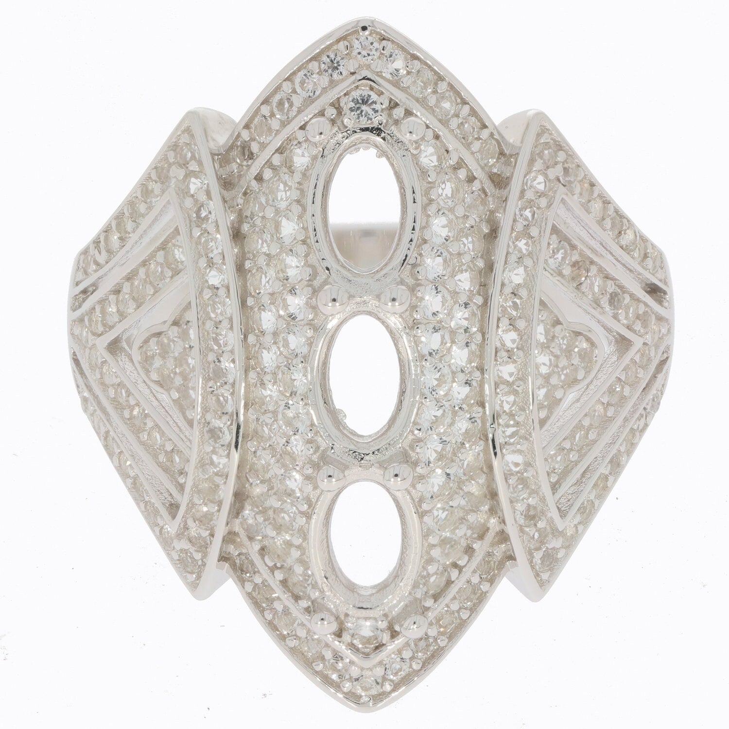 Sterling Silver Semi Mount Ring Setting with oval cut stones and White Topaz accents, designed for custom sizes.