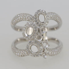 Sterling silver semi mount ring setting with double row split shank halo design and multiple gemstone placeholders.