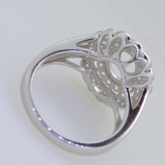 Sterling silver semi mount ring setting with oval double halo design, made to order for customization.