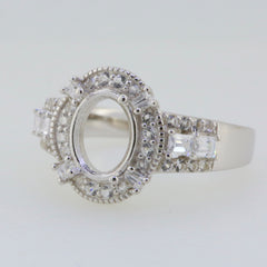 Sterling Silver Semi Mount Ring Setting with Oval Halo and Baguette Design, made to order for custom gemstones.