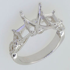 Sterling silver semi mount ring setting featuring a swirl cross shank for 3 stone engagement rings.