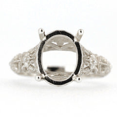 Sterling silver semi mount ring setting oval 11x9mm in Art Deco style, ready for custom gemstone fitting.