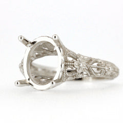 Sterling silver semi mount ring setting with intricate Art Deco design for an oval gemstone, 11x9mm size.