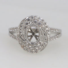Sterling Silver Semi Mount Ring Setting with Oval Halo and Split Shank for 8x6mm gemstone.