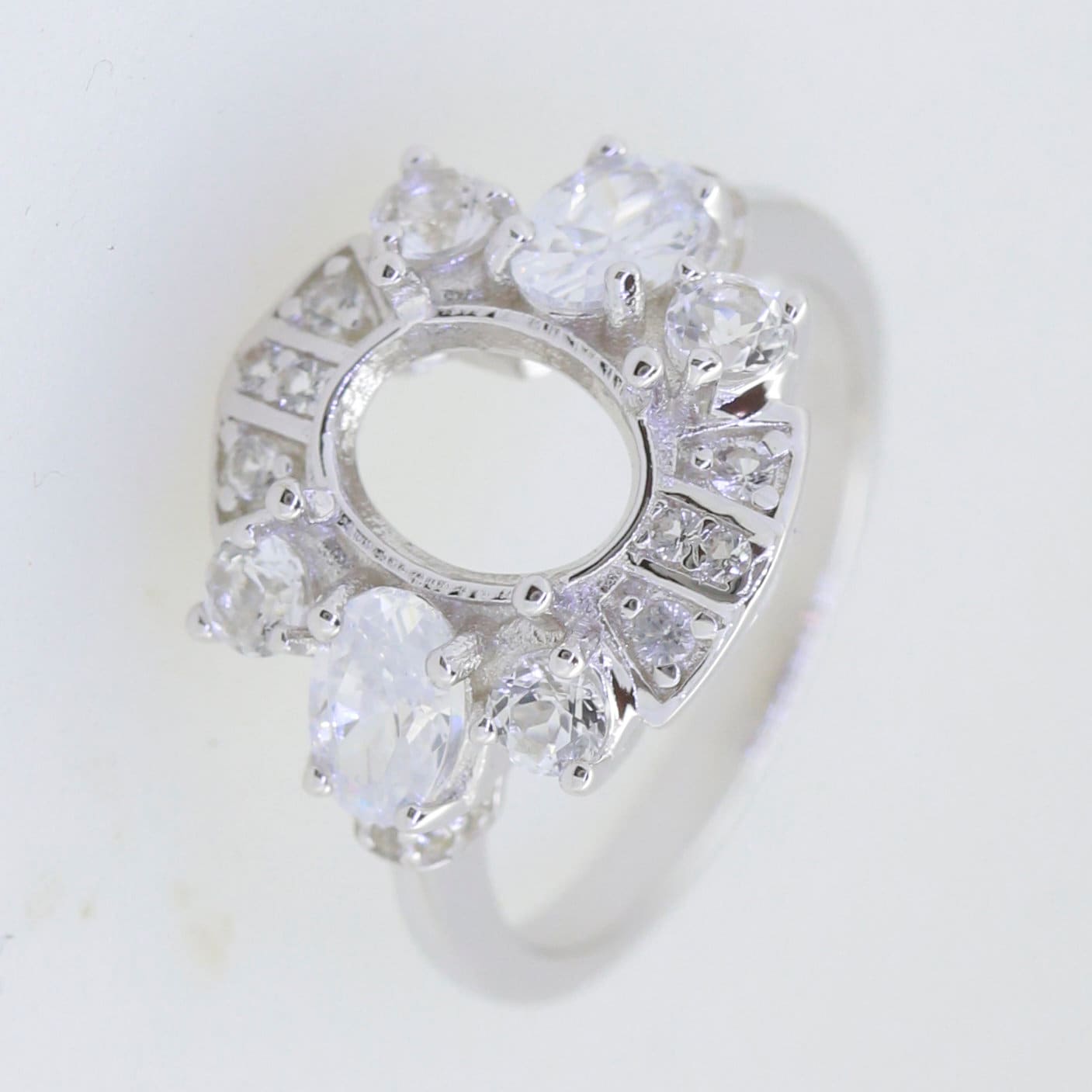 Sterling Silver Semi Mount Ring Setting with White Topaz, Oval OV 9x7mm, customizable and made to order.