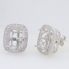 Custom sterling silver semi mount earrings setting with white topaz, cushion design, 7x7mm halo stud backing.