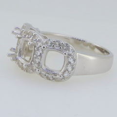 Sterling silver semi mount ring setting with cushion halo and moissanite stones, customizable for various sizes.