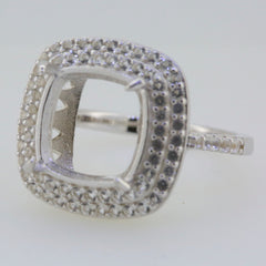 Sterling silver semi mount ring setting with double halo design and white topaz accents, cushion shape 12x12mm.